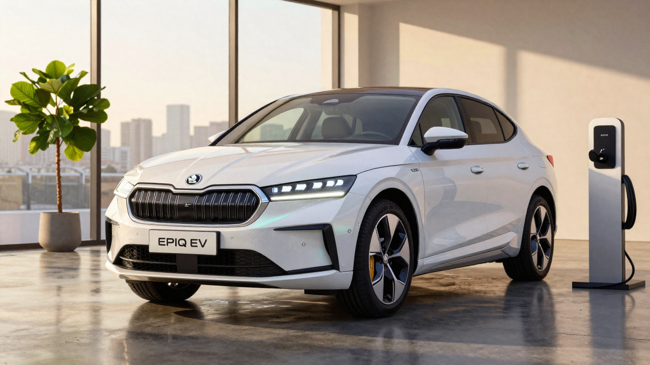 Carro elétrico branco Skoda Epiq EV estacionado em ambiente interno com estação de recarga ao lado.