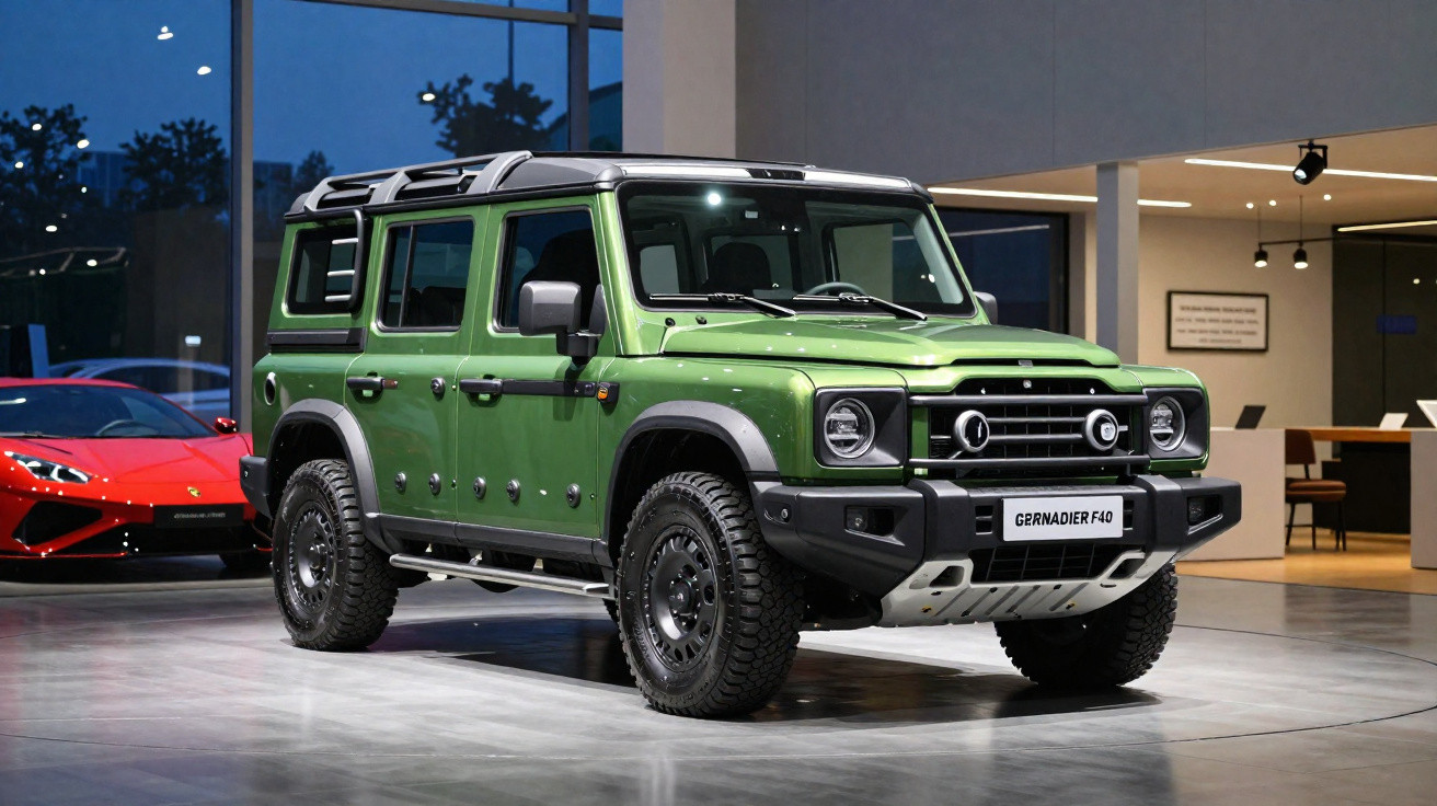 SUV verde militar Gernadier F40 exibido em showroom moderno à noite.