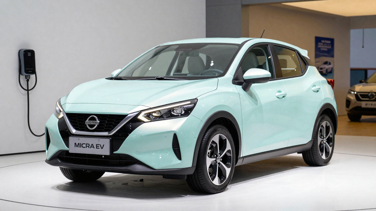 Carro elétrico Nissan Micra EV branco exposto em estande com carregador na parede ao lado