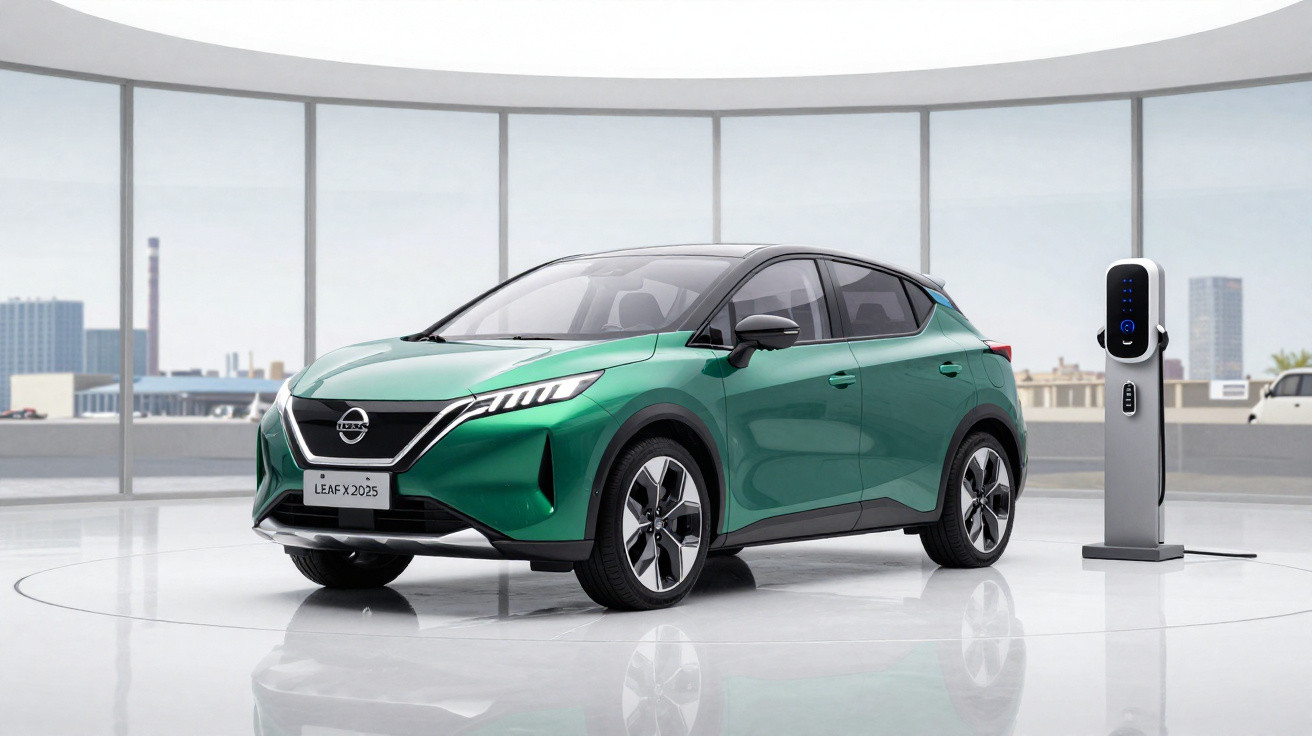 Carro elétrico verde Nissan Leaf 2025 estacionado próximo a estação de recarga em ambiente moderno.