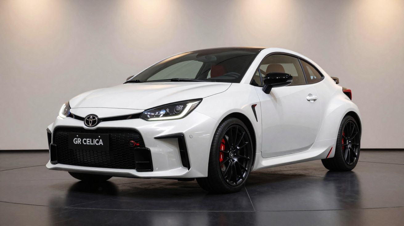 Carro esportivo Toyota GR Celica branco exibido em ambiente interno com iluminação suave.