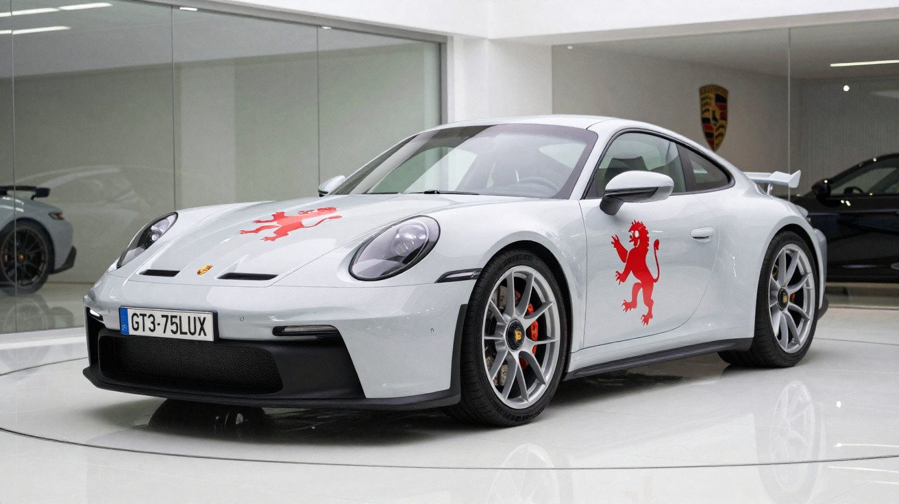 Carro esportivo branco Porsche 911 GT3 com emblema de leão vermelho em salão de automóveis.