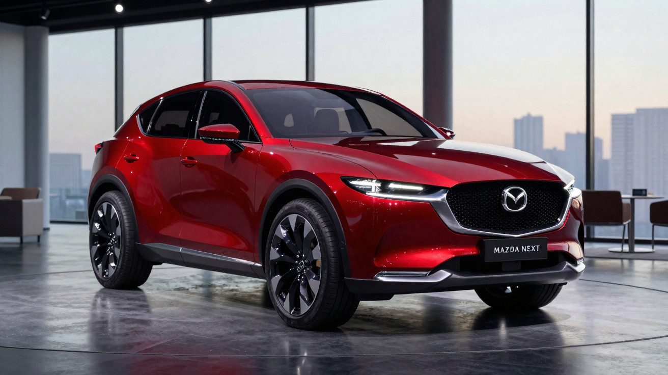 Carro Mazda Next vermelho brilhante em sala moderna com janelas grandes e vista urbana ao fundo.