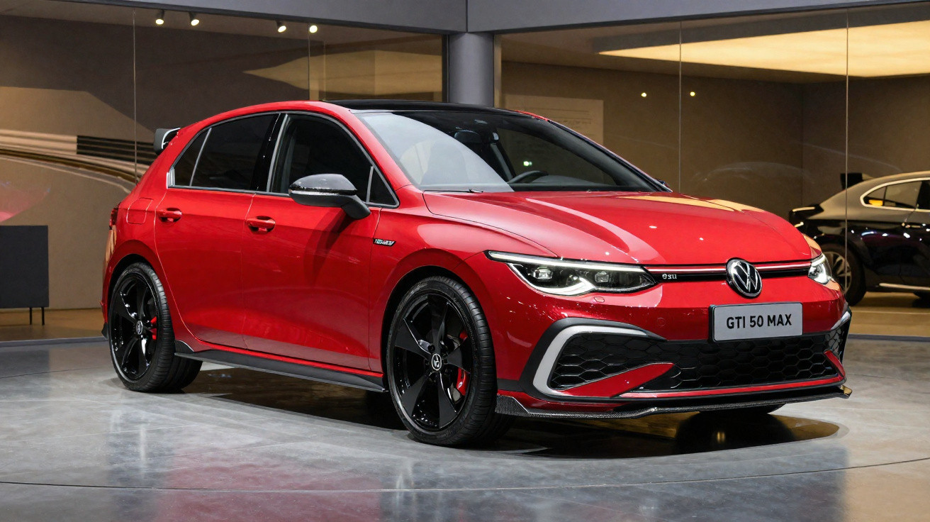 Carro esportivo Volkswagen Golf GTI 50 MAX vermelho em exposição interna com rodas pretas.