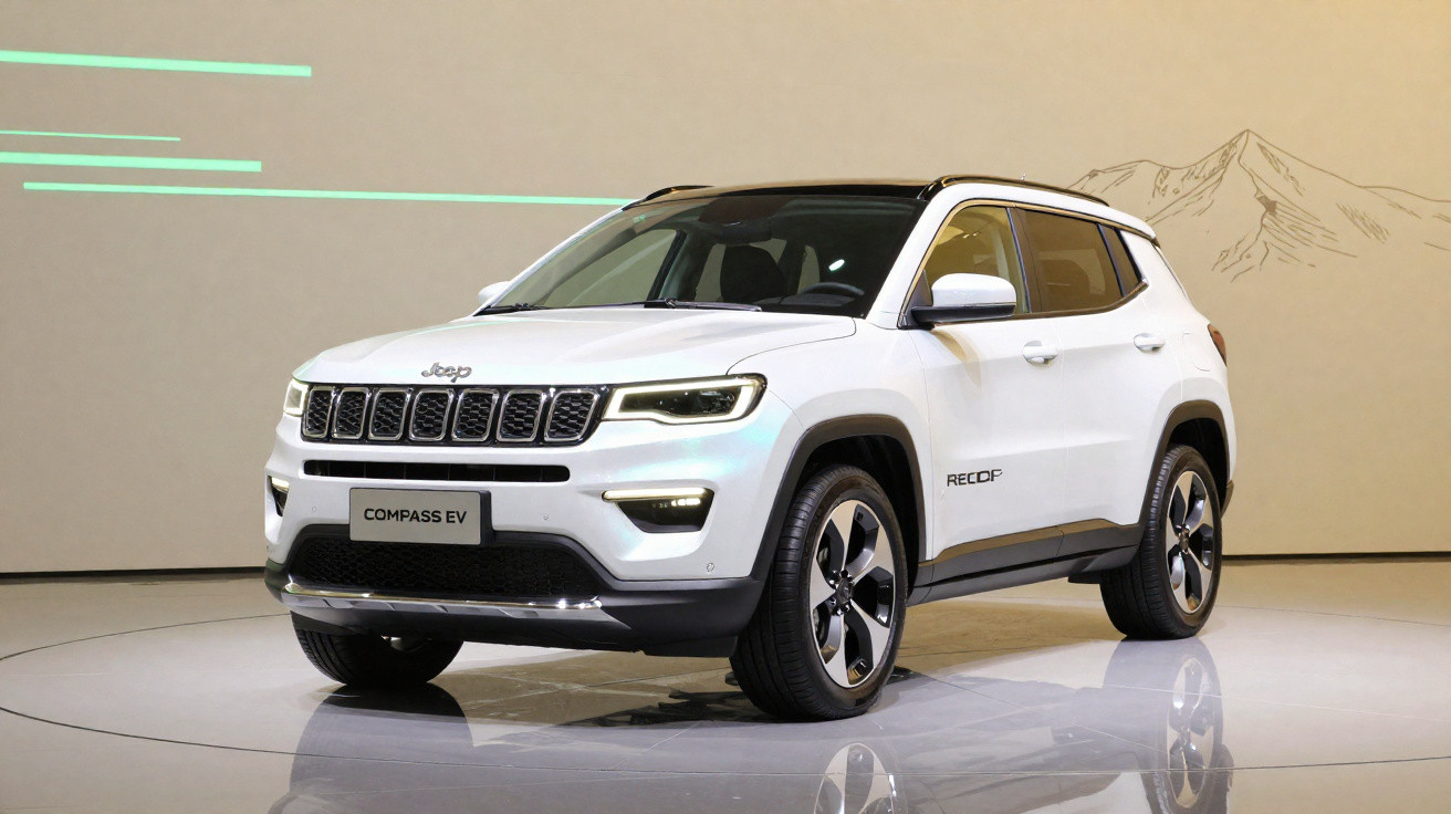 SUV branco Jeep Compass EV em estande com iluminação neutra e detalhe de montanha ao fundo.