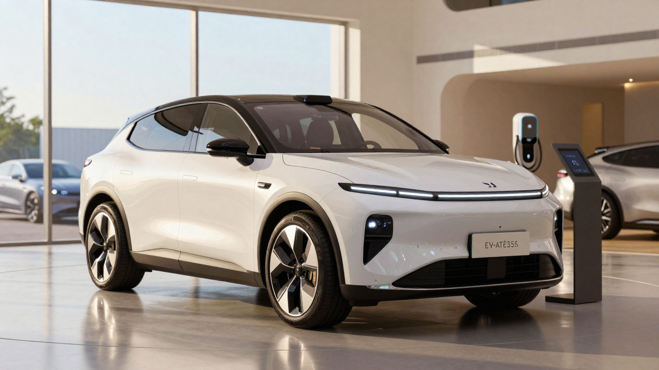 Carro elétrico branco em ambiente interno junto a uma estação de carregamento moderno.
