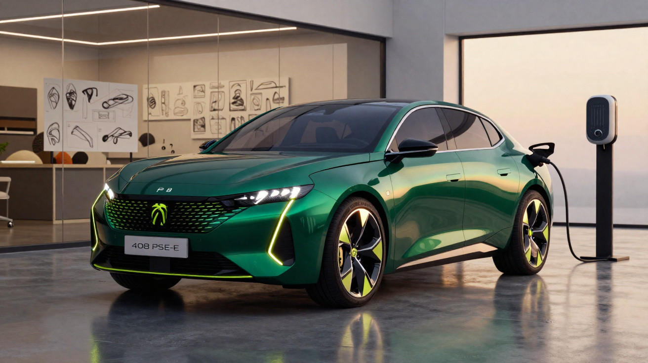 Carro elétrico verde modelo 408 PSE-E carregando em estação em ambiente moderno e interno.
