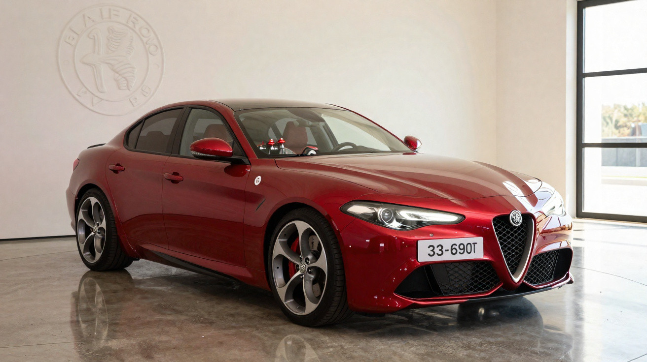 Carro esportivo Alfa Romeo Giulia vermelho estacionado em garagem com piso de concreto polido.