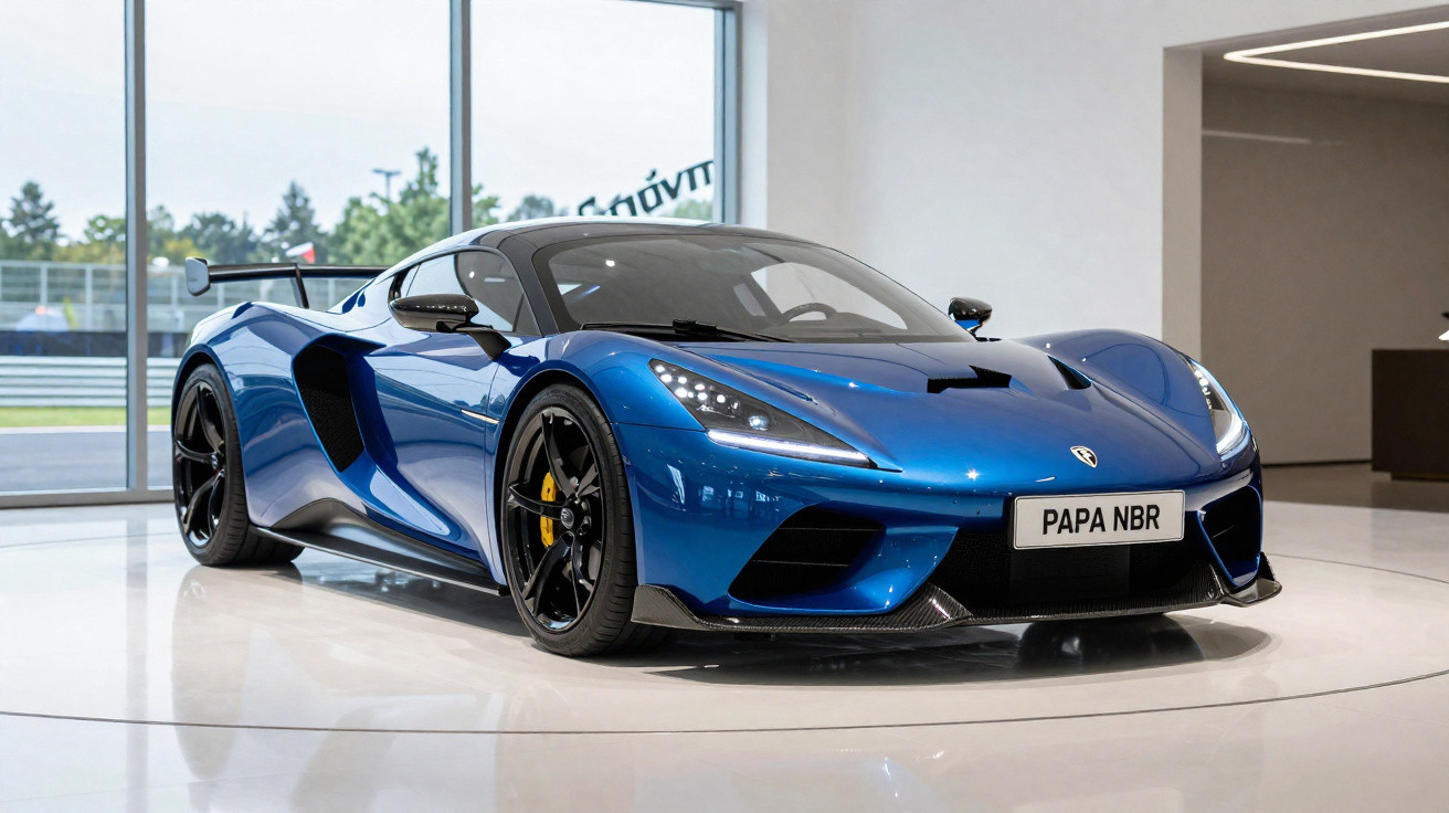 Carro esportivo azul com design aerodinâmico exposto em salão com piso branco e janela grande.