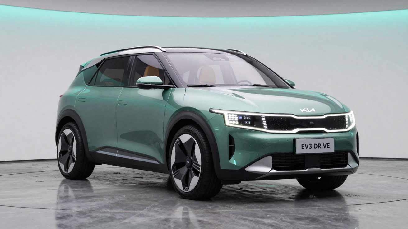 Carro elétrico SUV Kia EV3 Drive verde em estúdio com iluminação suave e teto panorâmico.