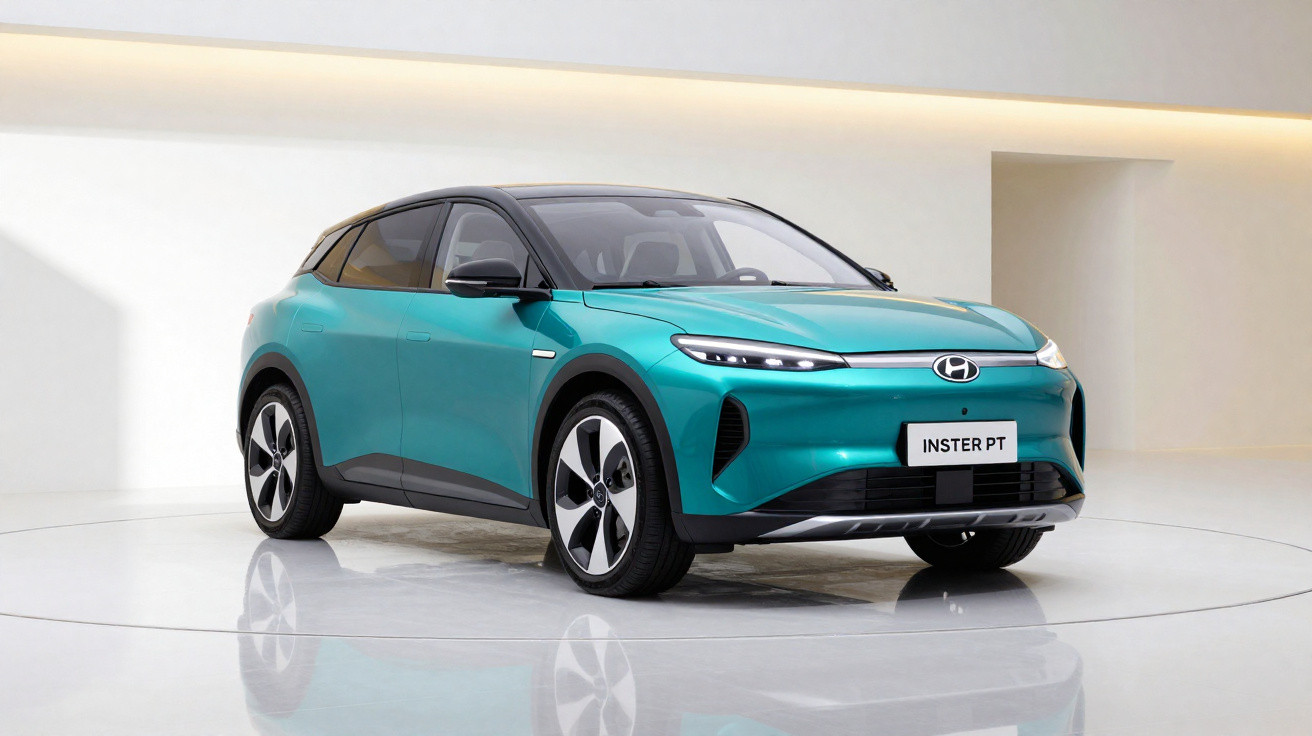 Carro elétrico Hyundai azul-turquesa estacionado em ambiente interno com parede branca ao fundo.