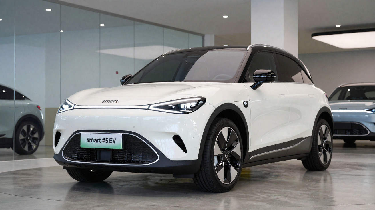 Carro elétrico smart #5 EV branco estacionado em showroom moderno com piso de concreto.