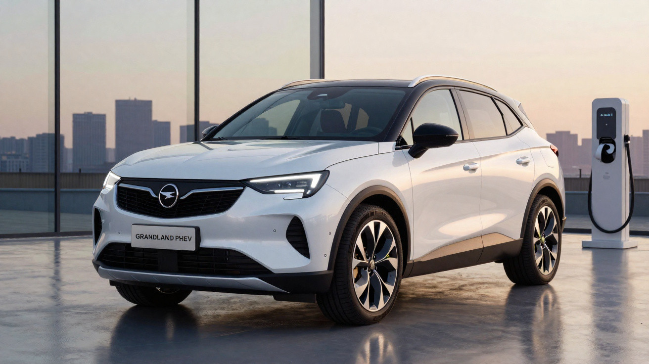 Carro elétrico branco Opel Grandland PHEV estacionado próximo a estação de recarga em ambiente urbano ao entardecer.