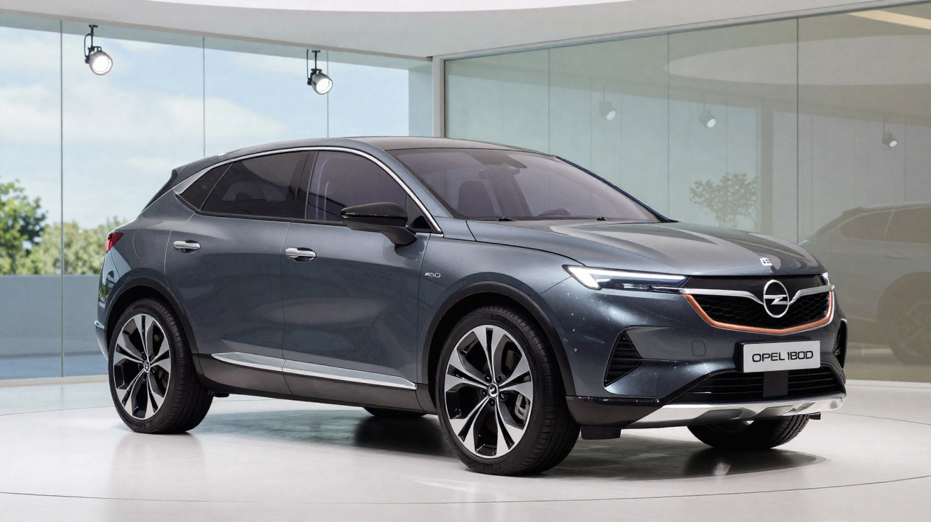 Carro SUV elétrico cinza da marca Opel modelo 1800 em showroom moderno com piso branco e paredes de vidro.