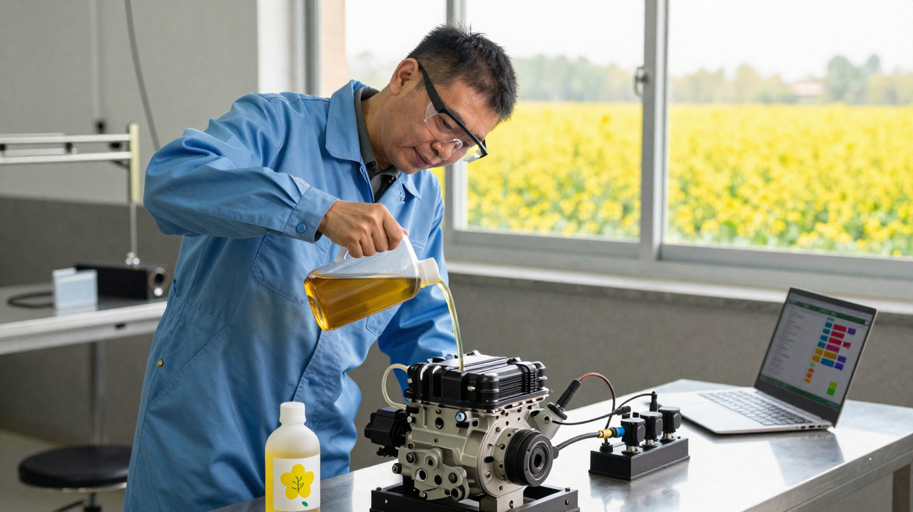 Homem em jaleco e óculos de proteção despeja líquido amarelo em equipamento mecânico em laboratório.