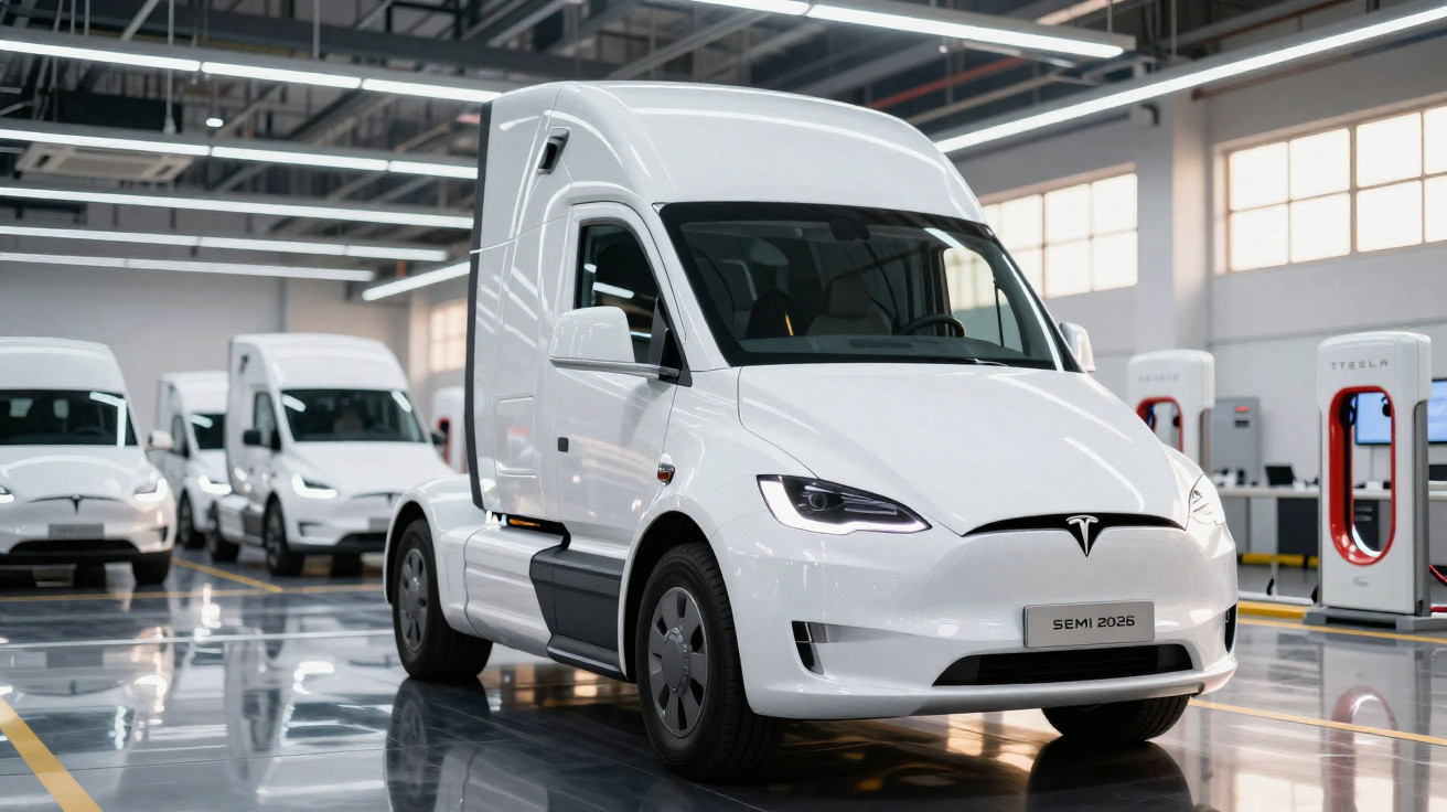 Caminhão elétrico Tesla Semi branco em fábrica com outras unidades e estações de recarga ao fundo.