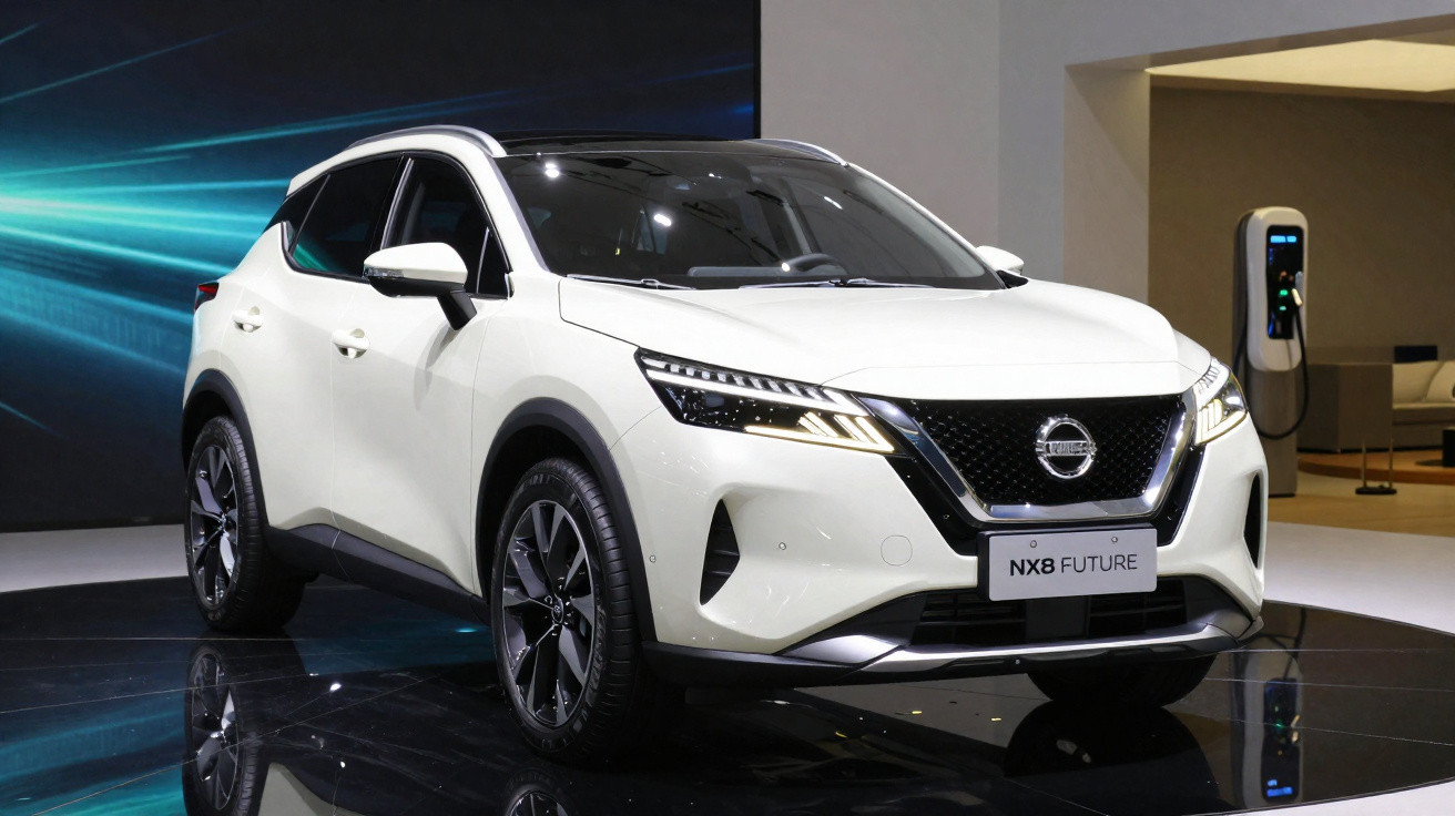 SUV branco Nissan NX8 Future exibido em estande moderno com carregador elétrico ao fundo.