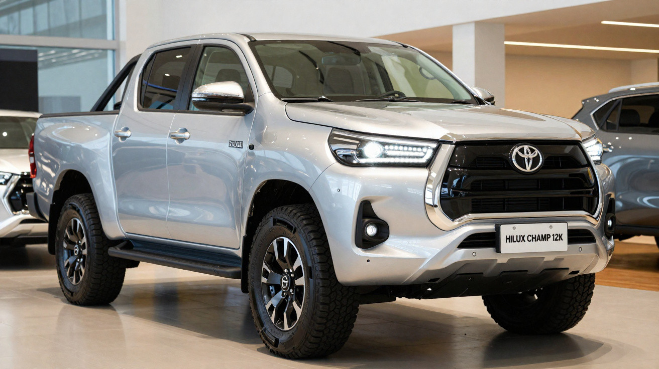 Picape Toyota Hilux prata modelo Champ 12K em showroom com faróis acesos.