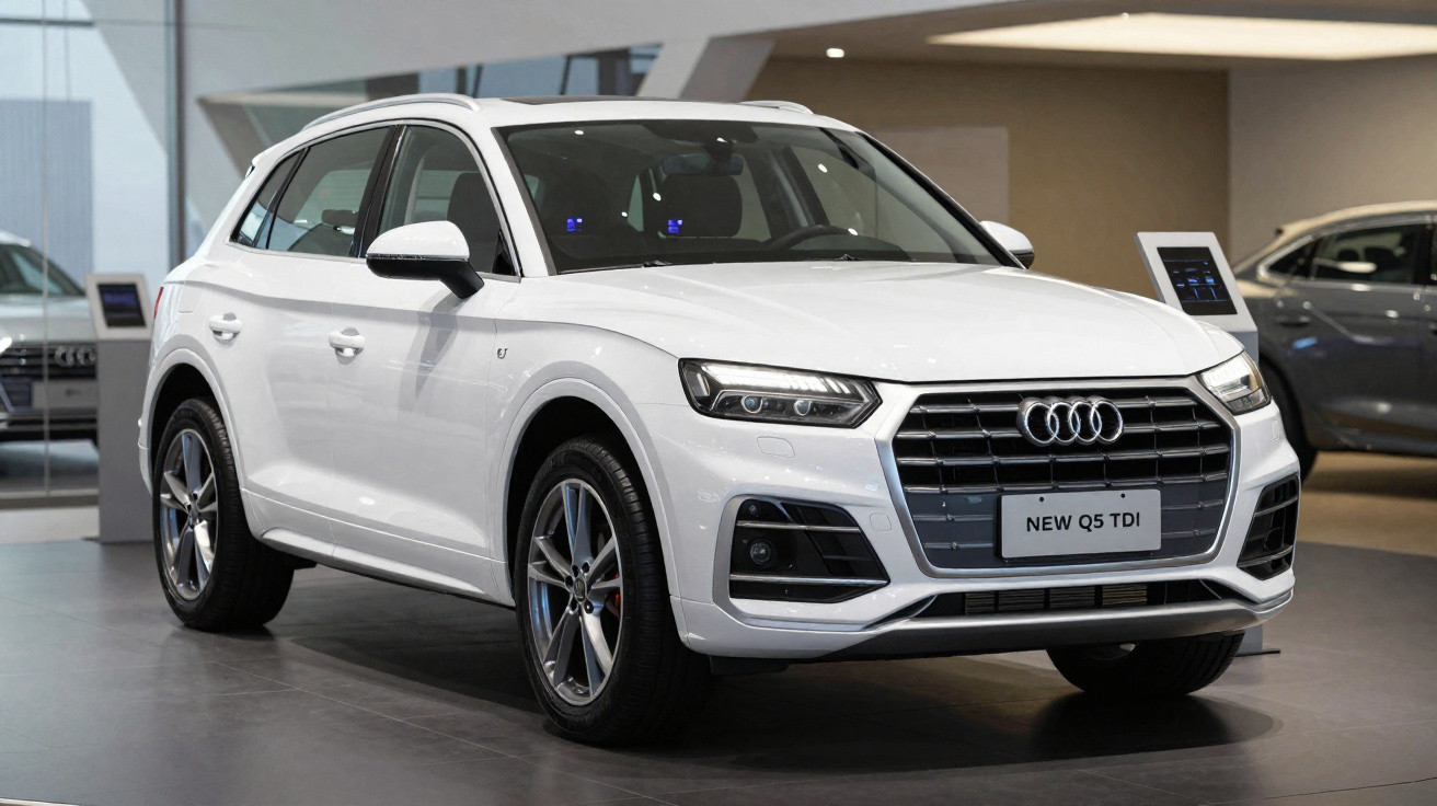 Carro SUV branco Audi Q5 TDI exibido em showroom moderno com piso cinza e iluminação suave.