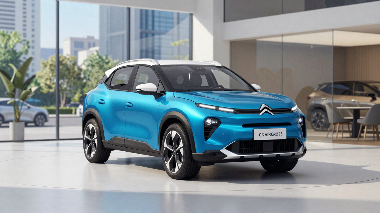 Carro Citroën C3 Aircross azul em ambiente interno moderno com vidros e mobília ao fundo.