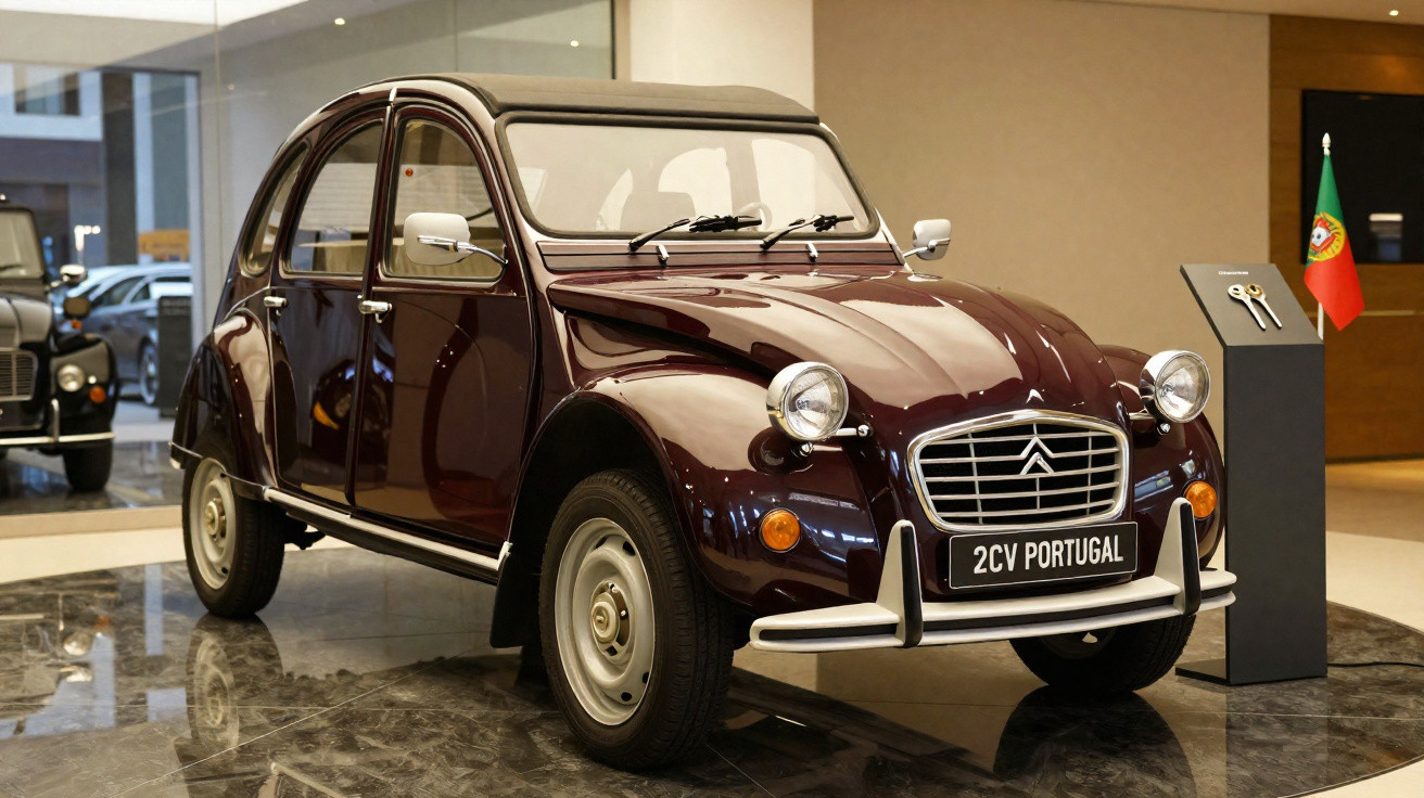 Carro clássico Citroën 2CV bordô exposto em ambiente interno com bandeira de Portugal ao lado.