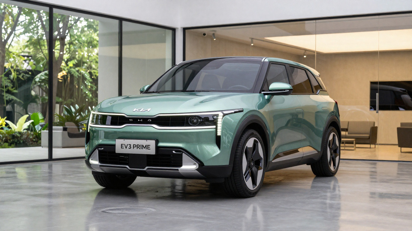 Carro elétrico Kia EV3 Prime verde estacionado em ambiente interno moderno e iluminado.