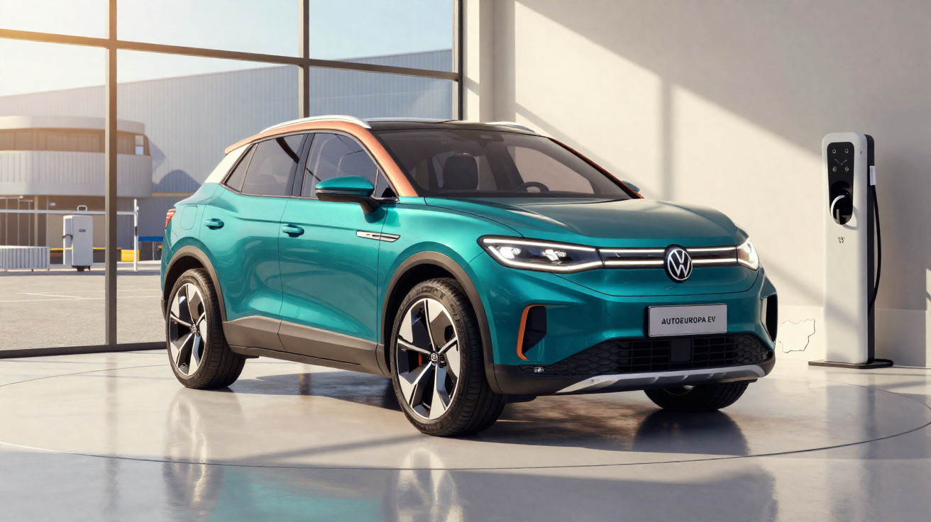 Carro elétrico Volkswagen SUV verde em showroom com estação de recarga ao lado, ambiente iluminado.