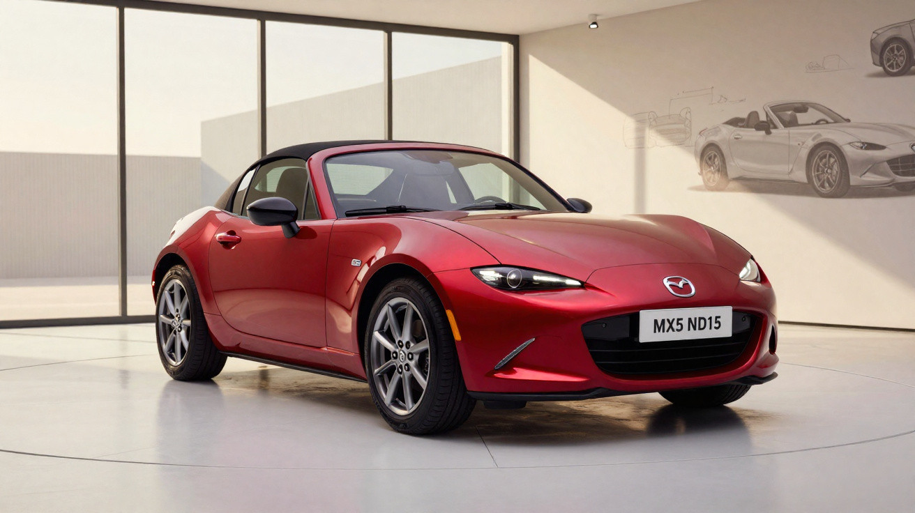 Carro esportivo conversível vermelho Mazda MX-5 estacionado em ambiente interno moderno.