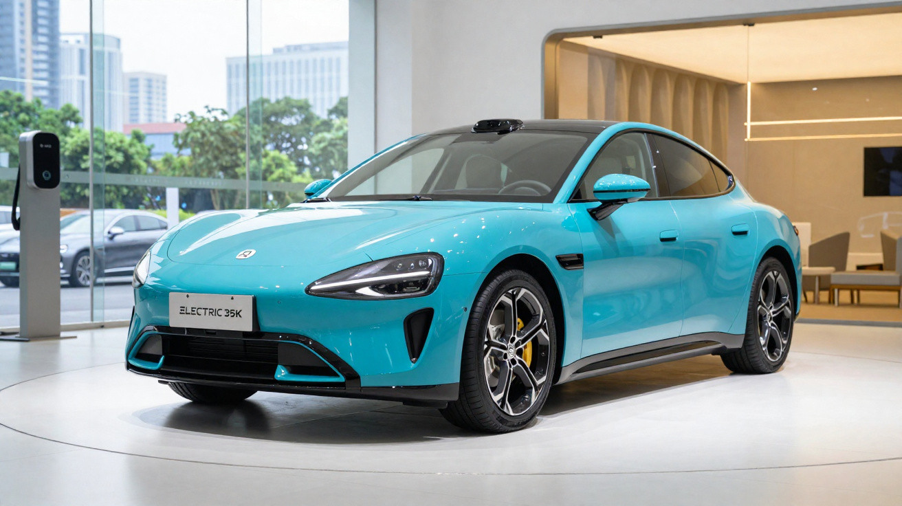 Carro elétrico sedan azul em exposição moderna dentro de showroom com vidro e prédios ao fundo.