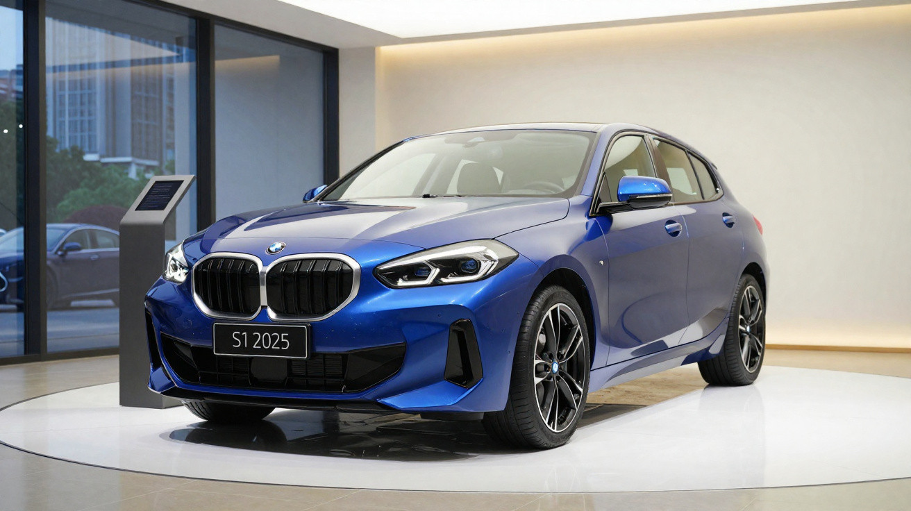 Carro BMW azul modelo 2025 exibido em salão com iluminação moderna e parede clara ao fundo.