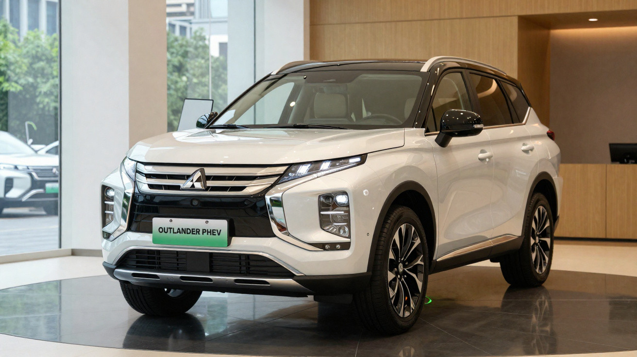 SUV Mitsubishi Outlander PHEV branco em exposição dentro de showroom moderno.