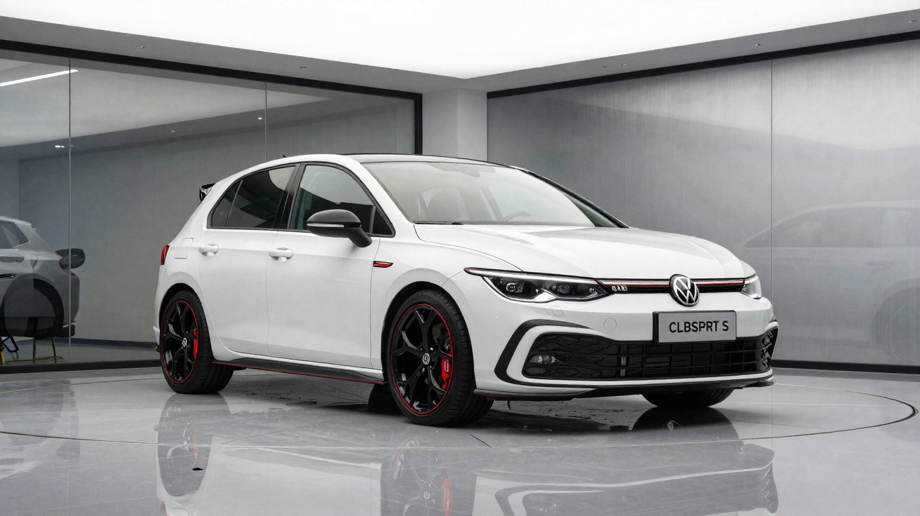 Carro esportivo branco Volkswagen modelo CLBSPRT S estacionado em ambiente interno moderno e iluminado.