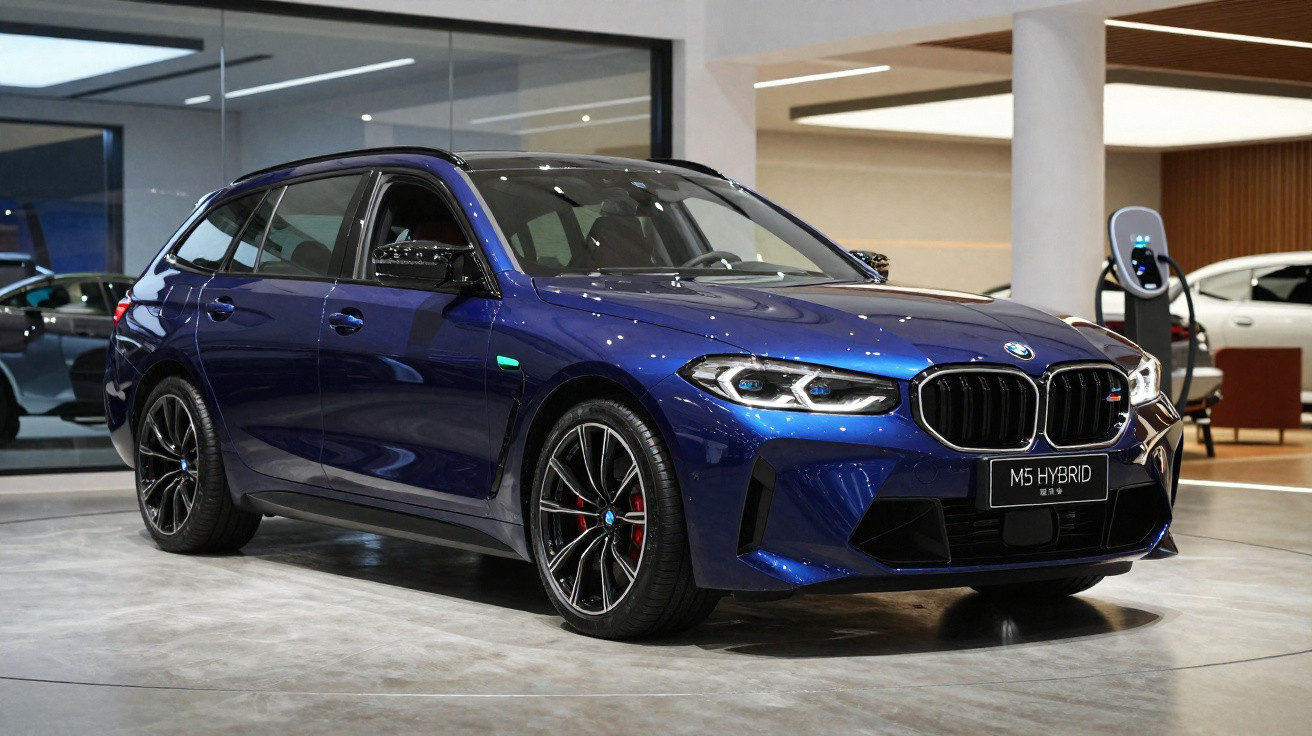 BMW M5 híbrido azul estacionado em showroom moderno com piso de cimento polido e iluminação artificial.