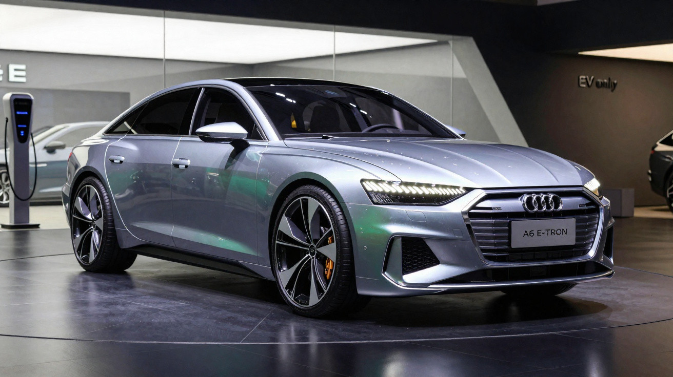Carro elétrico Audi A6 E-Tron prata estacionado em ambiente interno com iluminação moderna.