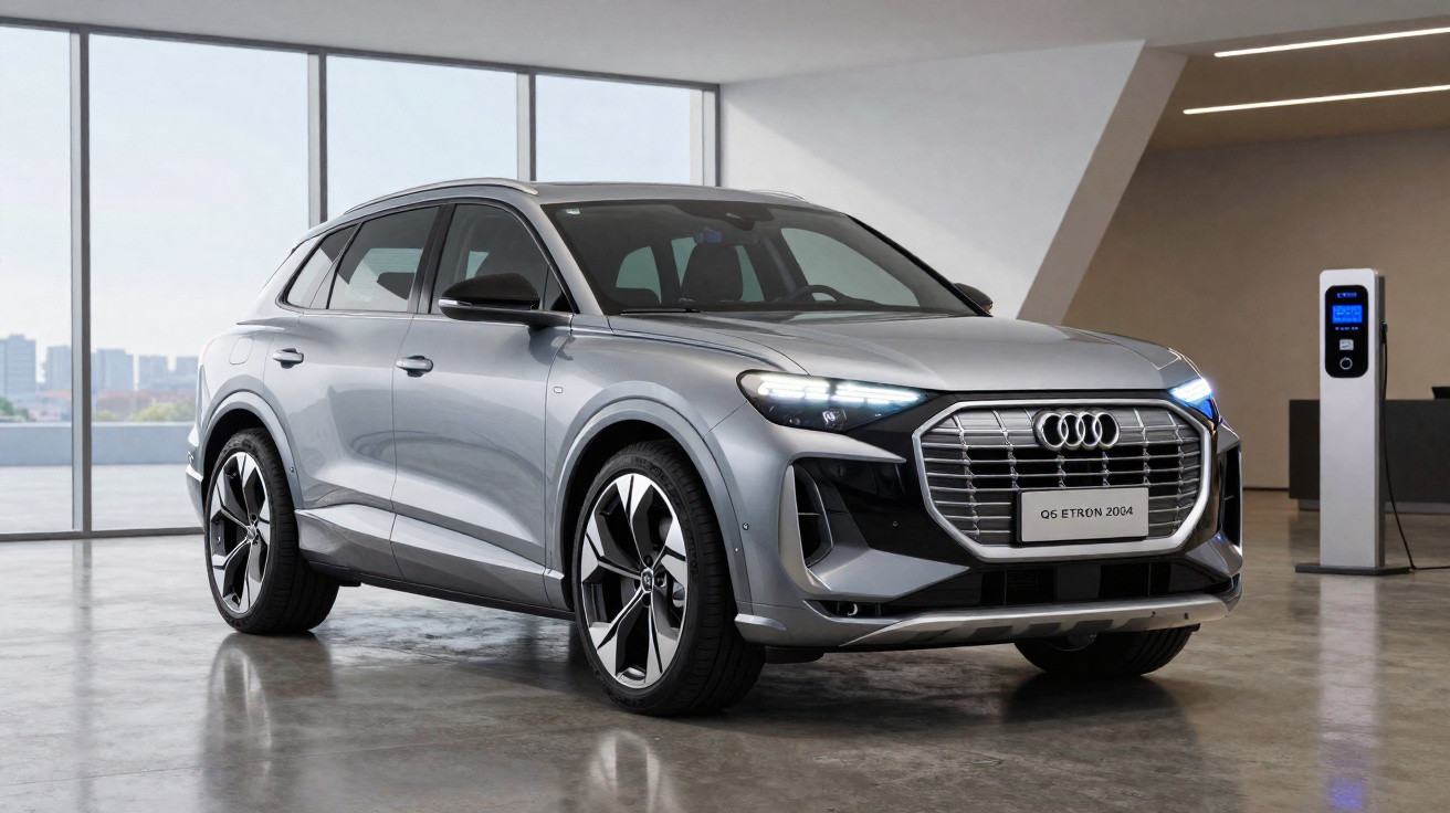 Carro elétrico Audi Q5 E-Tron cinza estacionado próximo a carregador em ambiente interno moderno.