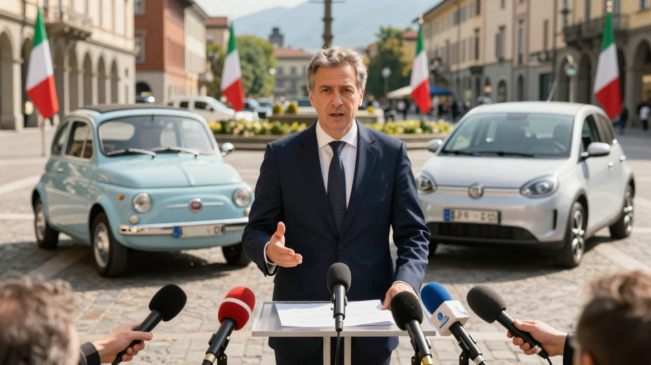 Homem com terno falando em coletiva diante de carros Fiat antigo e moderno em praça com bandeiras italianas.