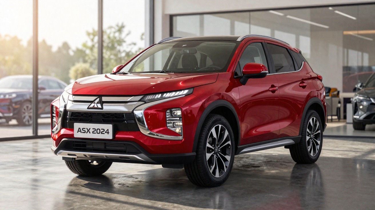 Carro SUV vermelho Mitsubishi ASX 2024 em exposição dentro de showroom moderno.
