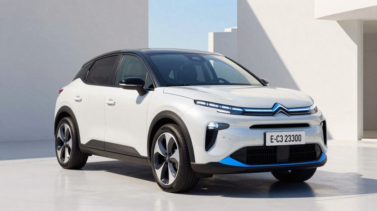 Carro elétrico Citroën C3 branco com teto preto estacionado em ambiente moderno e iluminado.