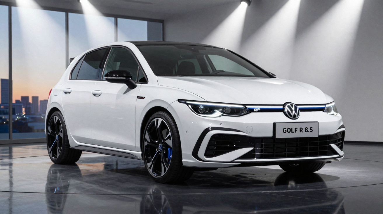 Carro Volkswagen Golf R 8.5 branco estacionado em ambiente interno com piso refletivo e iluminação direta.