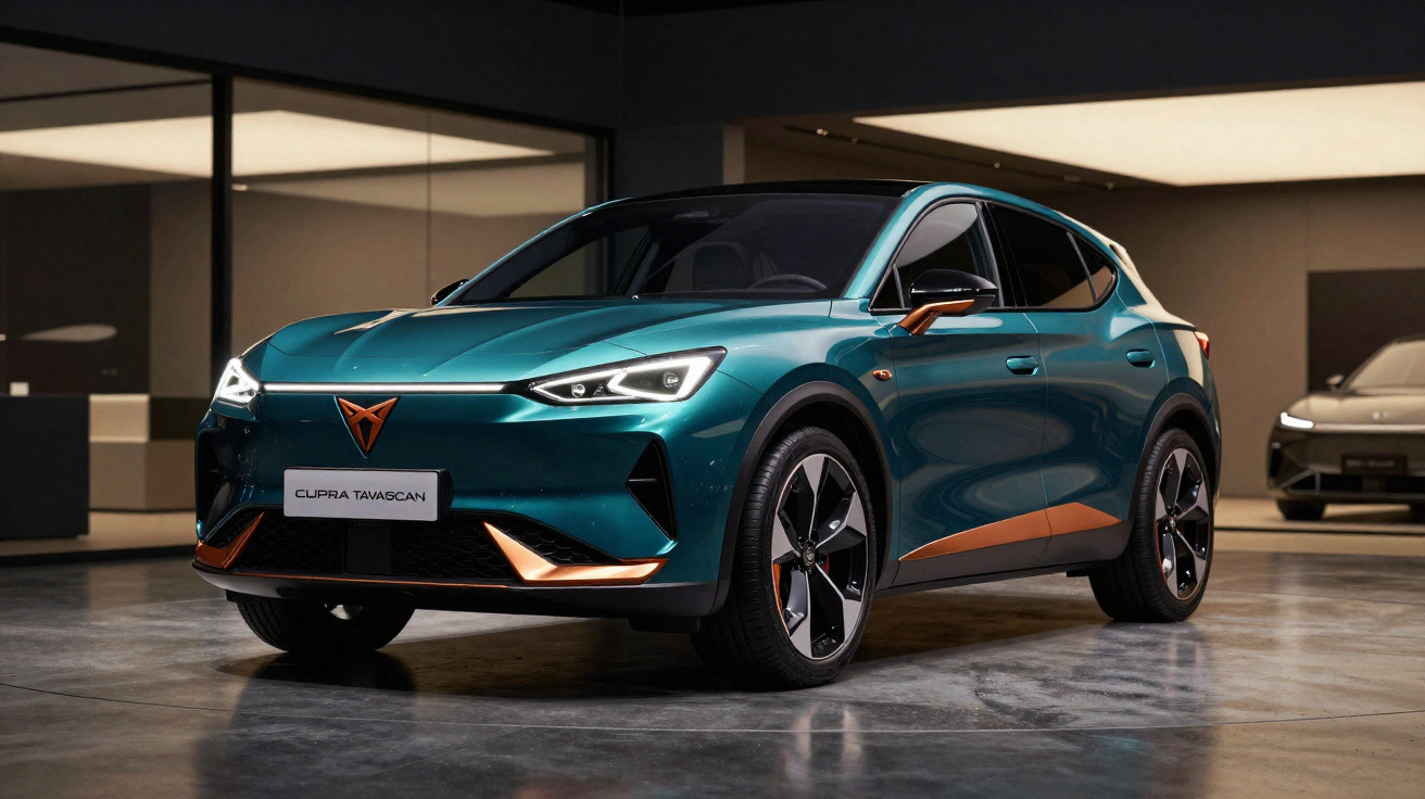 Carro SUV elétrico Cupra Tavascan em azul com detalhes em cobre em ambiente interno moderno.