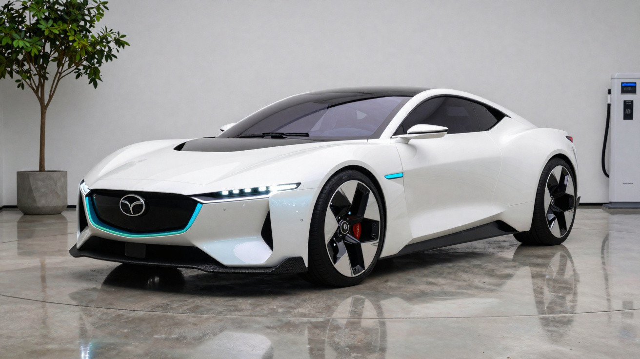 Carro esportivo branco elétrico da Mazda em ambiente interno com carregador e planta ao fundo.