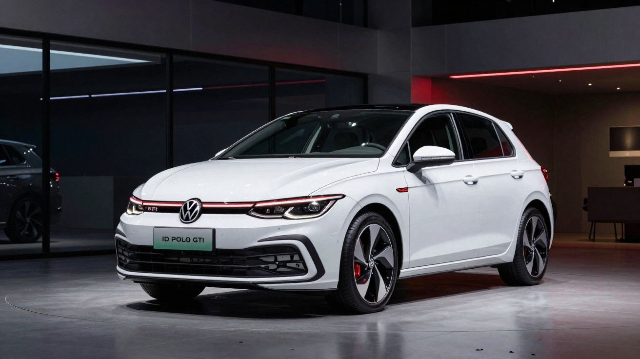Carro Volkswagen ID Polo GTI branco em ambiente interno com piso cinza e iluminação moderna.