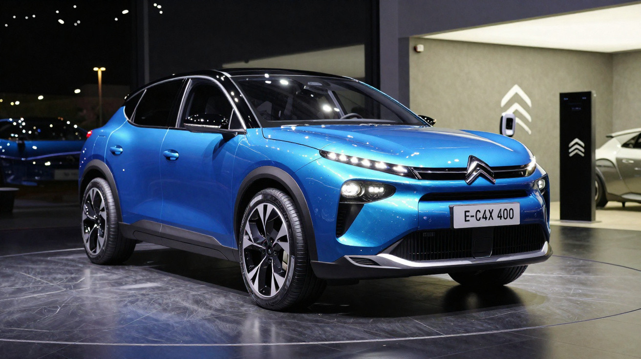 Carro elétrico azul Citroën E-C4X 400 exibido em showroom moderno.