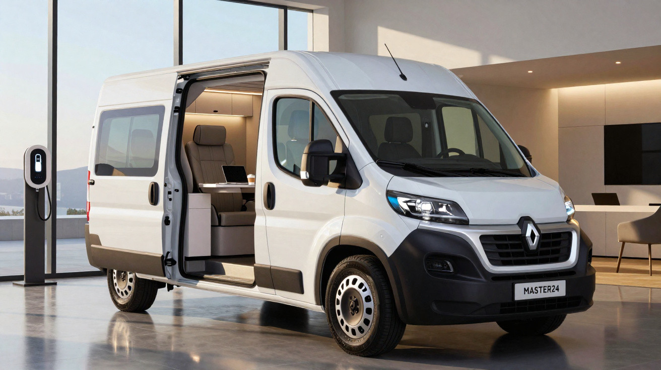 Van elétrica branca Renault Master 2024 estacionada em ambiente interno com porta lateral aberta.