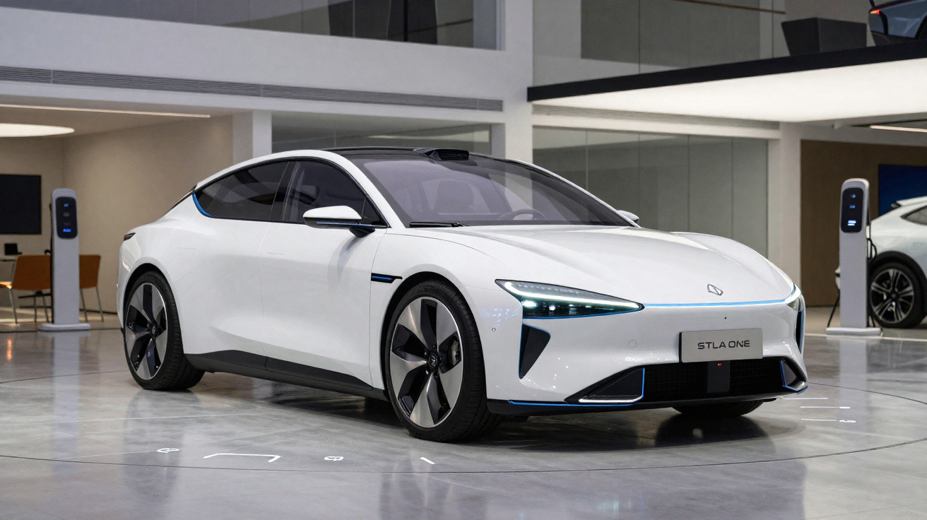 Carro elétrico branco estacionado em showroom moderno com piso brilhante e carregadores ao fundo.
