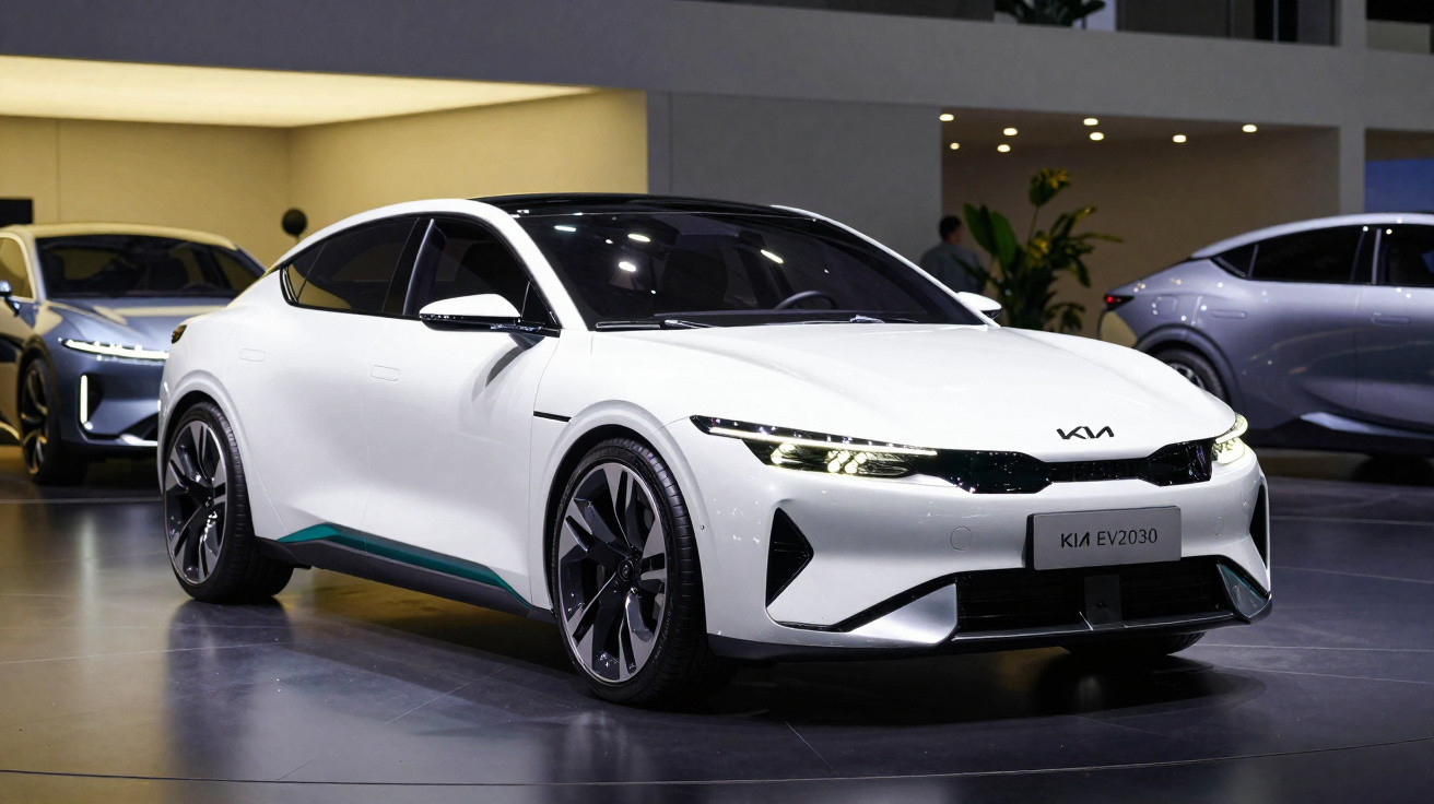 Carro elétrico branco Kia EV2030 em exposição com design moderno e elegante em salão automotivo.