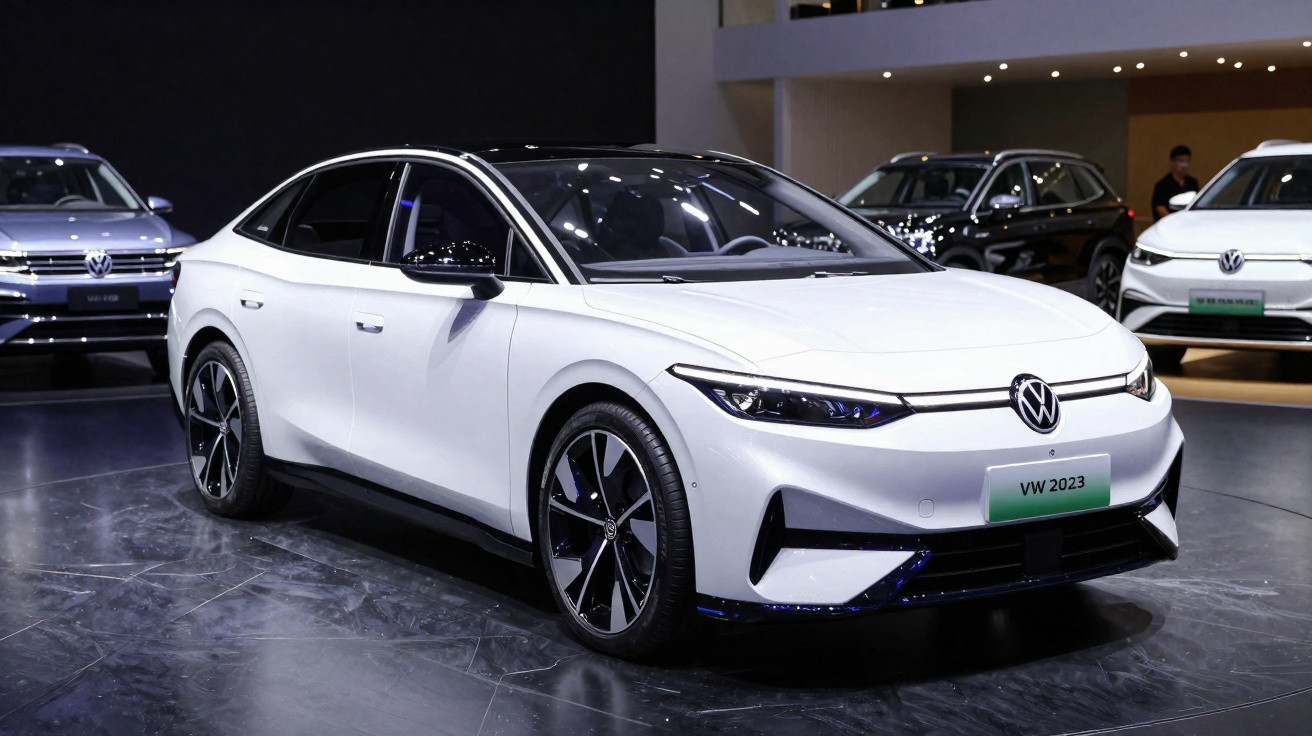 Carro elétrico VW branco 2023 exibido em salão com iluminação moderna e outros veículos ao fundo.