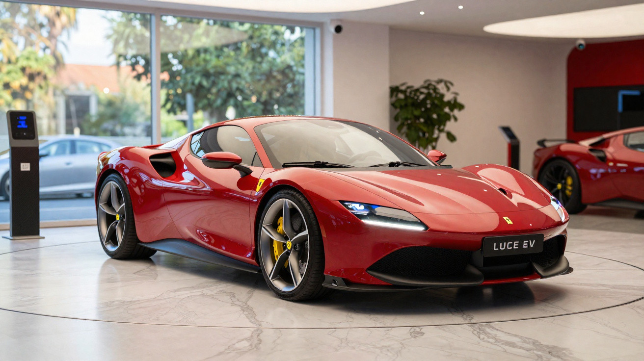 Carro esportivo vermelho Ferrari Luce EV exposto em showroom moderno com piso branco.