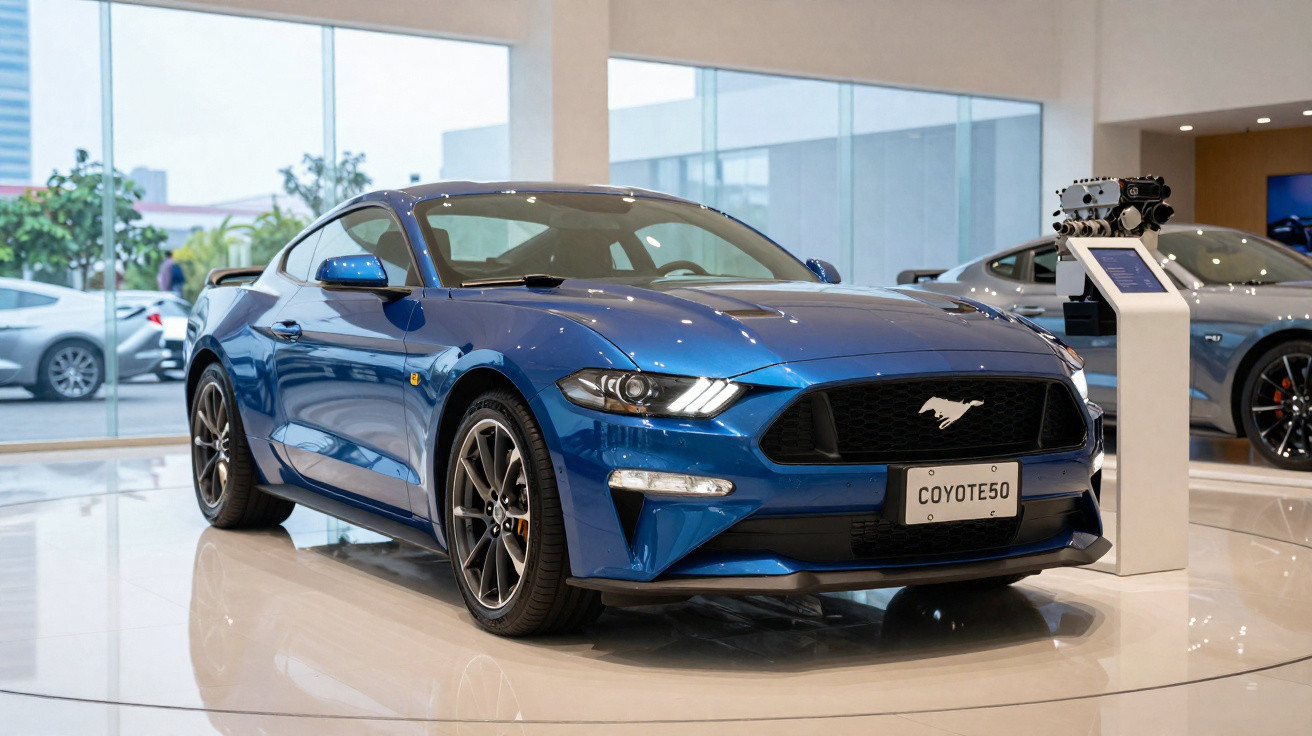 Carro esportivo Ford Mustang azul exposto em showroom moderno com piso branco e grande janela de vidro.