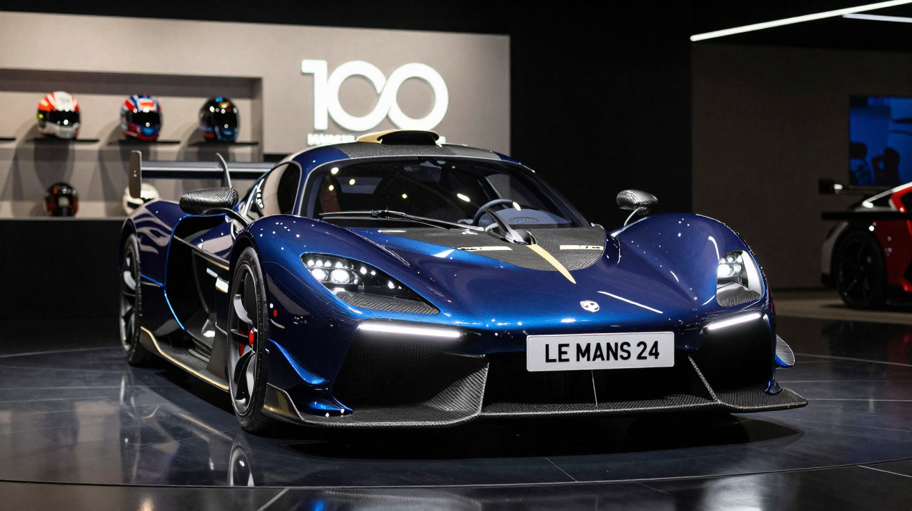 Carro esportivo azul Le Mans 24 exposto em salão, com capacetes ao fundo e logo 100 iluminado.